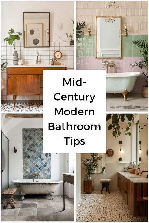 Tips and decor ideas for the perfeect mid-century modern bathroom. Bohemian Modern Bathroom, Atomic Ranch Bathroom, Mid Century Wallpaper Bathroom, Vintage Boho Bathroom, Small Mid Century Bathroom, Bathroom Trends For 2024, Modern Simple Bathroom, Mid Century Modern Bathroom Decor, Mid Century Bathroom Decor