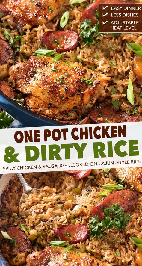 One Pot Chicken and Dirty Rice | Spicy chicken thighs are cooked on top of a homemade dirty rice, which makes for the most flavorful Cajun-inspired dish you've ever had! Plus, all you need is one pot! #dinner #chicken #dirty rice #cajun #onepot #onepan #easyrecipe One Pot Chicken And Dirty Rice, One Pot Chicken Thighs And Rice, Chicken And Dirty Rice Recipe, Homemade Dirty Rice, Chicken Dirty Rice, Chicken And Dirty Rice, Dutch Oven Chicken Thighs, Spicy Chicken Thighs, Cajun Chicken And Rice