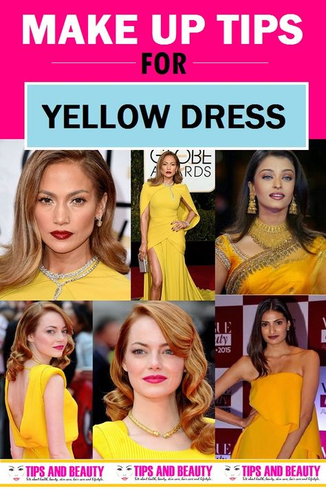 Easy and Perfect Makeup Tips for Yellow Dress. Here, are the eye makeup, lipstick advice and face makeup tips to go with your yellow dress. How to do Makeup for the Yellow Dress Yellow Cocktail Dress Outfit, Yellow Suit Makeup Look, Yellow Dress Red Lips, What Color Nails With Yellow Dress, Yellow Cocktail Dress Evening Party, Yellow Gold Dress Outfit, Makeup Looks For Yellow Outfit, Nail Color With Yellow Dress, Makeup That Goes With Yellow Dress