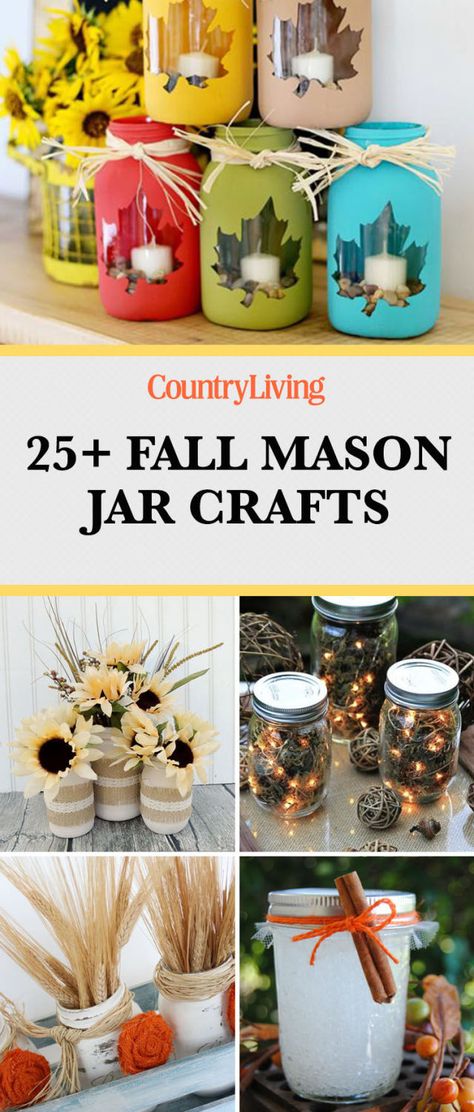 Save these mason jar craft ideas for later by pinning this image and follow Country Living on Pinterest for more. Fall Mason Jar Crafts, Excited For Fall, Fall Mason Jars, Mason Jar Projects, Diy Jar Crafts, Wine Bottle Diy Crafts, Mason Jar Crafts Diy, Mason Jar Gifts, Mason Jar Lighting