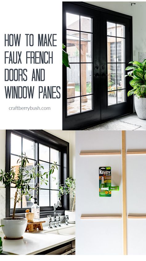 Learn how to make beautiful faux French doors and window panes. Makes your kitchen look beautiful and upscale. @krazyglue #ad Faux French Windows, Faux Window Grids Diy, Diy Faux Window Pane, Faux French Doors Diy, Faux Window Panes Diy, Window Panes Ideas, French Doors Interior Curtains, Diy French Windows, French Doors Curtains Ideas