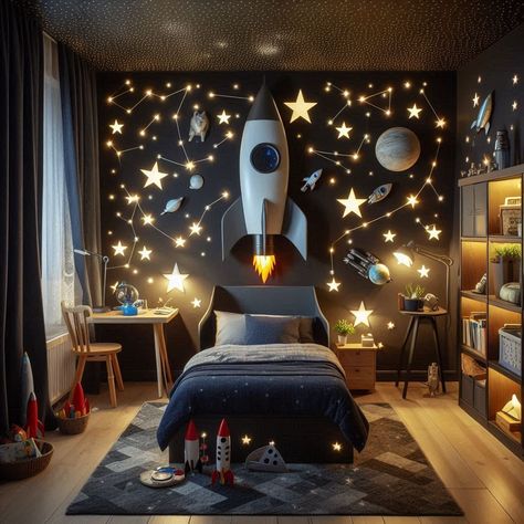 Boys Room Ideas Space Inspired Bedroom, Boys Space Room Ideas, 10 Year Boy Room Ideas, Boys Bedroom Space Theme, Toddler Room Ideas Boy, Bedroom Ideas Kids Boys, Sensory Bedroom For Boys, Cool Boys Room Ideas, Kids Room Space Theme