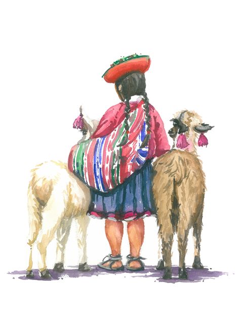 Niña peruana con 2 llamas. Acuarela - Watercolor by Isabel Mariasg. Lama Animal, Colorful Costume, Llama Arts, Peruvian Art, Latino Art, American Painting, Mexican Art, Pics Art, Painting Projects