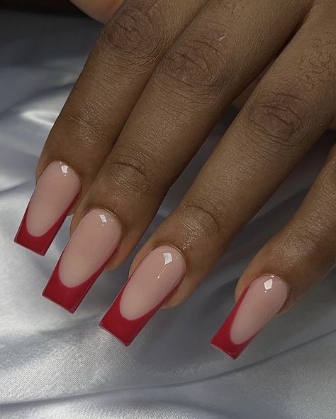 Red French Tip Tapered Square Nails, Prom Nails Red French Tip, Res French Tip Nails Square, Red Nail Tips Acrylic, Red Tapered Square Nails Short, Light Red French Tip Nails, Small Red French Tip Nails, Red Acrylic Nails Tapered Square, French Tip Acrylics Square