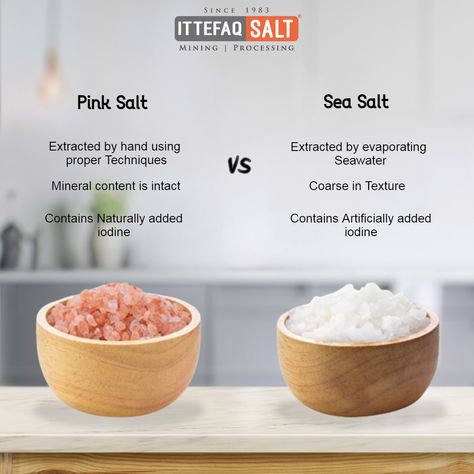 Both pink salt and sea salt can be used for cooking and seasoning, but some people prefer the taste and texture of one over the other. Pink salt adds a unique flavor and color to dishes, while sea salt has a traditional salty taste. 🍴 Let’s check the main difference between himalayan Salt and Sea Salt along with their uses and benefits. https://www.ittefaqsalt.com/pink-himalayan-salt-vs-sea-salt/ #ittefaqsalt #pinksalt #seasalt #characteristics #uses #flavor Himalaya Salt, Himalayan Salt Benefits, Salt Cave, Himalayan Rock Salt, Gourmet Salt, Health Guru, Himalayan Salt Lamp, Home Health Remedies, Himalayan Pink Salt