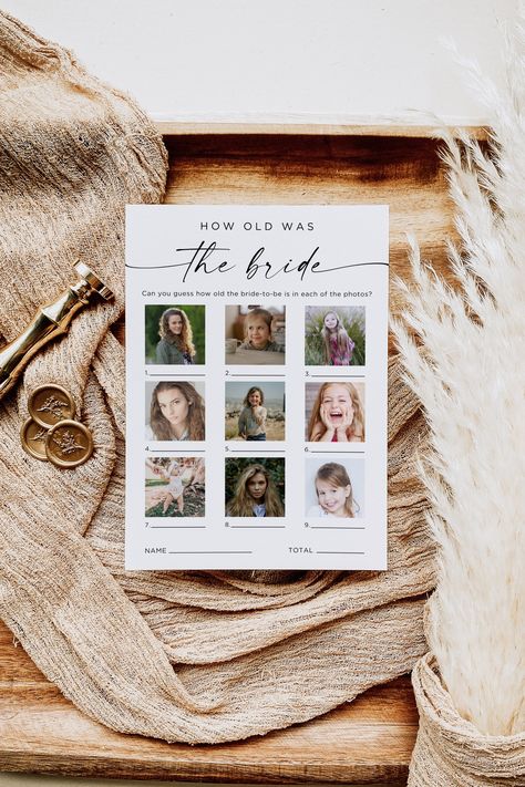 Make your bridal shower unforgettable with the "How Old Was the Bride to Be Game." This printable game is perfect for couples showers and modern bridal showers, adding a fun and interactive element to the celebration. Test your guests' skills in guessing the age of the bride in different photos, making it a photo guessing game that will have everyone laughing and reminiscing. With instant download and easy editing features, this boho bridal shower game is a must-have for a memorable wedding show Bridal Shower Game Guess The Age, How Old Is The Bride Game Board, How Old Was The Bride, Bridal Shower Picture Game, Guess The Age Bridal Shower Game, How Old Is The Bride Game, How Old Was The Bride Game, Bridal Shower Photo Ideas, Bridal Shower Pictures