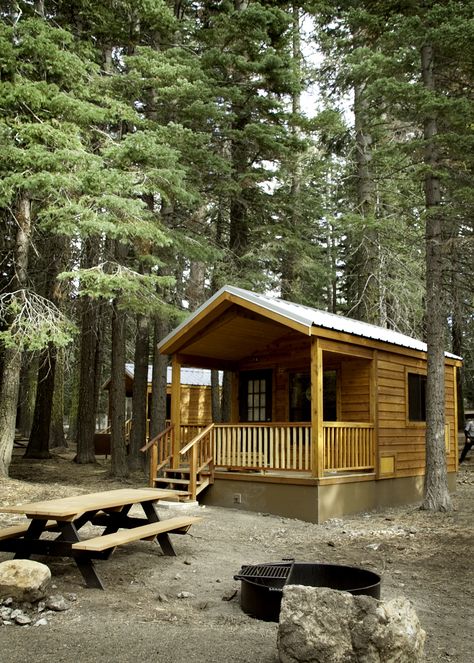 Best Camping Cabins    Just a mile from the park entrance and within walking distance from Manzanita Lake, these adorable wood cabins (pictured above) are the perfect retreat for a national park adventure. While each cabin includes typical campsite amenities outside like fire rings, bear-proof storage lockers, and picnic tables, inside three-inch foam mattresses and heat add extra comfort. Cozy Camping, Camping Cabin, Lassen Volcanic, Camping Cabins, Lake Camping, California Camping, Lassen Volcanic National Park, Camping Places, Getaway Cabins