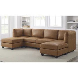 Ebern Designs Teagon 120" Wide Faux Leather Modular Corner Sectional with Ottoman - Wayfair Canada Faux Leather Sectional, Brown Sectional, Corner Sectional Sofa, Sectional With Ottoman, Best Sectionals, Texas House, Leather Sofas, Upholstered Sectional, Sofa Seats