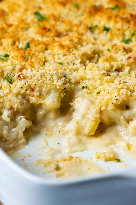 Vegan cauliflower cheese is the most delicious way to eat cauliflower! Roasted cauliflower smothered in vegan cheese sauce, topped with breadcrumbs and baked until golden. Cauliflower Cheese Bake, Cauliflower Roasted, Vegan Cauliflower Recipes, Vegan Lemon Cake, Vegan Cheese Sauce, Cauliflower Casserole, Vegan Cauliflower, Cauliflower Cheese, Vegan Side Dishes