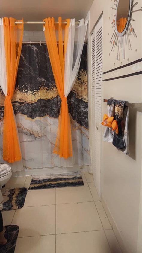 Black White And Orange Bathroom, Orange Bathroom Decor Ideas, Orange And Grey Bathroom, Orange Bathroom Ideas, Achievement Board, Appartement Decor, Cozy Grey Living Room, Apartment Fever, Orange Bathroom Decor