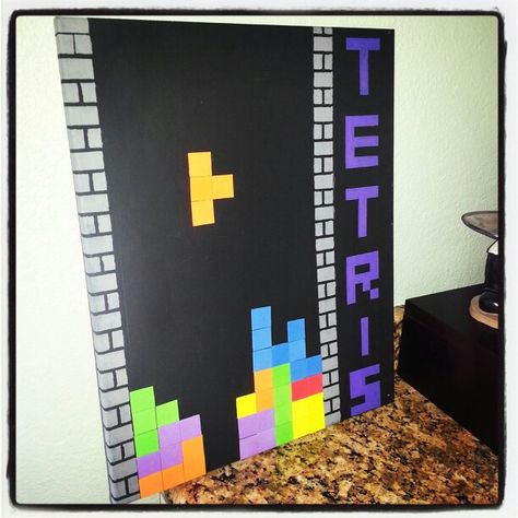 Tetris Art - made by my sister's BFF!!! Tetris Decorations Party, Tetris Classroom Theme, Tetris Bulletin Board, Diy 80s Decorations, Tetris Decor, Tetris Decorations, 80s Decorations, Tetris Art, Sports Day Decoration