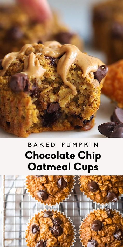 Baked pumpkin oatmeal cups made with your favorite nut butter, cozy spices, oats, pure maple syrup and chocolate chips. These easy pumpkin oatmeal cups have a boost of protein and are are naturally sweetened. Freezer-friendly and perfect for meal prep breakfasts and snacks! #bakedoatmeal #pumpkinrecipes #oatmeal #mealprep #breakfast #healthysnack Chocolate Chip Oatmeal Cups, Meal Prep Breakfasts, Easy Pumpkin Oatmeal, Mealprep Breakfast, Oatmeal Baked, Baked Pumpkin Oatmeal, Puree Recipes, Snacks Chocolate, Pumpkin Puree Recipes