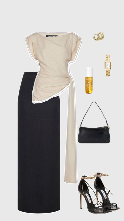 A chic and modern outfit flat lay featuring a beige asymmetric wrap top paired with a high-waisted black pencil skirt. Accessories include black strappy high-heeled sandals, a black handbag, gold hoop earrings, a gold wristwatch, and a roll-on fragrance bottle. The ensemble is sleek and polished, perfect for formal occasions. Elegant Evening Outfit, Outfit Polyvore, Heels Gold, Evening Outfit, Outfit Collage, Concert Fits, Winter Dress, Black Pencil Skirt, Evening Outfits