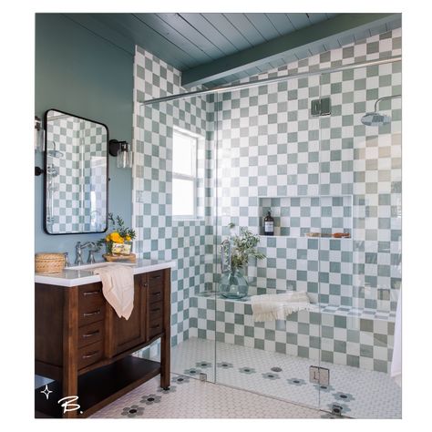 The #Littlehouse project portfolio is live on our site! https://www.designedbystudiob.com/portfolio/the-little-house The primary bathroom is really the star of the show 💫. The back wall of this space can be seen from almost every room in the guest house so we knew she needed to be REALLY special. Enter… Dramatic checkerboard floor to ceiling tile and a hand-laid floral penny tile floor. Let this be your sign that bathrooms are a great place to show your personality and have a little FUN!... Tile Farmhouse Bathroom, Penny Tile Floor, Moody Paint, Penny Tile Floors, Painting Bathroom Tiles, Color Me Happy, Checkerboard Floor, Living Room Renovation, Penny Tile