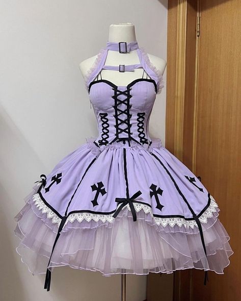 Purple Lolíta Dress, Gothic Anime Fashion, Kuromi Dress, Kawaii Clothing, Pastel Goth Outfits Aesthetic, Purple Goth Outfits, Purple Dress Gothic, Halloween Cosplay Pastel Goth Dress, Purple Goth Aesthetic