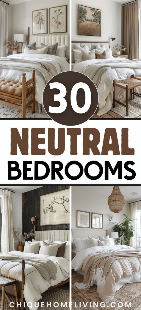 Searching for timeless and elegant bedroom designs? Explore 30 stunning neutral bedroom ideas that promise to create a serene and sophisticated ambiance. From minimalist chic to cozy comfort, which design will become your favorite? Neutral Bathrooms, Cozy Bedroom Decor Ideas, Bedroom Ideas Cozy, Neutral Bedroom Design, Cozy Bedroom Decor, Elegant Bedroom Design, Soothing Bedroom, Bathroom Sanctuary, Bedroom Decor For Small Rooms