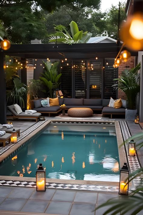 Backyard Landscaping Small Pool, Small Pool Garden Ideas, Backyard Ideas With Small Pool, Tiny House Patio Outdoor Spaces, Small Backyard With Inground Pool, Patio With Small Pool, Luxury Small Backyards, Outdoor Patio Ideas Pool, Small Gardens With Pool