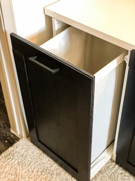 DIY Sliding Laundry Cabinet — Kayla Simone Home Pull Out Laundry Hamper Cabinet, Tilt Out Laundry Hamper Cabinet Diy, Sliding Laundry Baskets, Laundry Basket Cabinet Diy, Diy Basin Cabinet, Diy Hamper Cabinet, Laundry Hamper Cabinet Diy, How To Build Tilt Out Laundry Hamper, Diy Built In Laundry Hamper