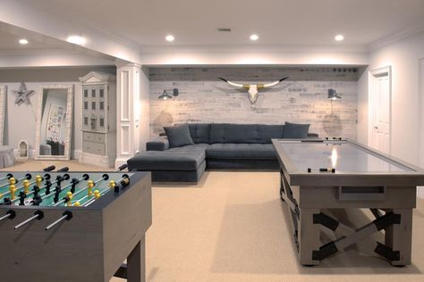 Finished Basement Ideas Families, Basement Style, Basement Game Room Ideas, Basement Family Rooms, Basement Games, Basement Redo, Recreation Room, Man Cave Room, Modern Basement