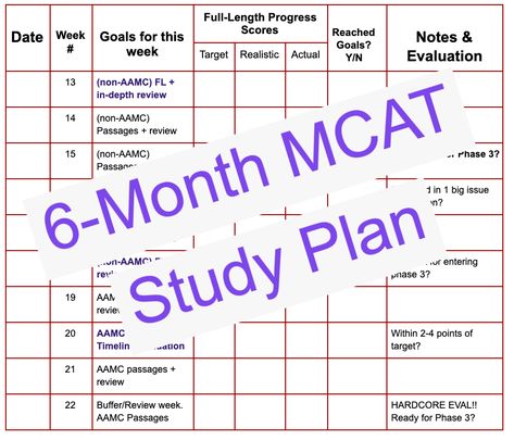 6 Month MCAT Study Plan + PDF Week to Week Goals Mcat Study Schedule, Med School Prep, Study Calendar, Study Schedule Template, Organic Chemistry Study, Chemistry Study Guide, Mcat Prep, Mcat Study, How To Study