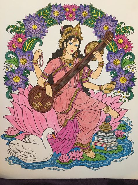 Saraswati Painting, Music Science, Goddess Of Knowledge, Buddha Art Drawing, Easy Mandala Drawing, Boho Art Drawings, Hindu Goddess, Meaningful Drawings, Beautiful Art Paintings