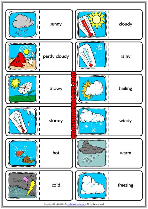 Weather Conditions ESL Printable Dominoes Game For Kids Weather For Kids, Teaching Weather, Weather Games, Dominoes Game, Learning Weather, Weather Worksheets, Weather Vocabulary, Test For Kids, English Teaching Materials