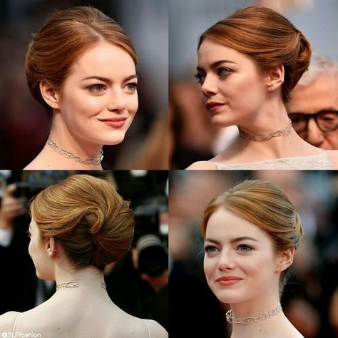 Emma Stone in chignon hairstyle and choker necklace at the red carpet during Cannes Film Festival 2015. Emma Stone Updo, Red Necklace Outfit, Chignon Hairstyle, Motif Soutache, Emma Stone Hair, Cannes Film Festival 2015, Short Hair Updo Tutorial, Sanggul Modern, Easy Care Hairstyles