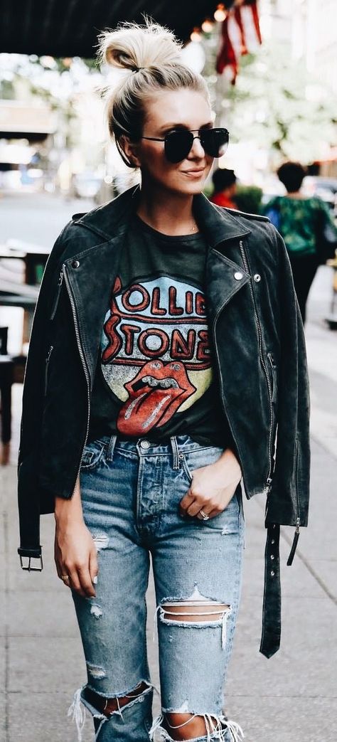 Just substitute the Rolling Stones tee for a David Bowie one and this outfit would be perfect Winter Hipster, Hipster Party, Rok Outfit, Perfect Fall Outfit, Chic Winter Outfits, Rock Outfit, Rock Outfits, Style Rock, Judas Priest