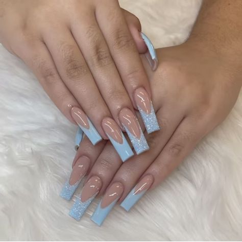 Blue Prom Dress Nail Ideas, Sky Blue Nails Coffin, Baby Blue Acrylic Nails Coffin, Baby Blue Quince Nails, Baby Blue Nails French Tip, Baby Blue Prom Nails, Light Blue Acrylics, Spring Break Nails Coffin, Light Blue Prom Nails