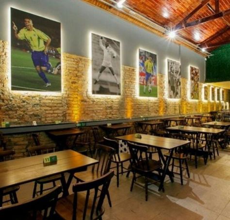 Bar futebol Football Pub, Sport Snacks, Sport Bar Design, Sports Bar Decor, Sports Facility Architecture, Sports Pub, Themed Restaurant, Corporate Event Design, Pub Design