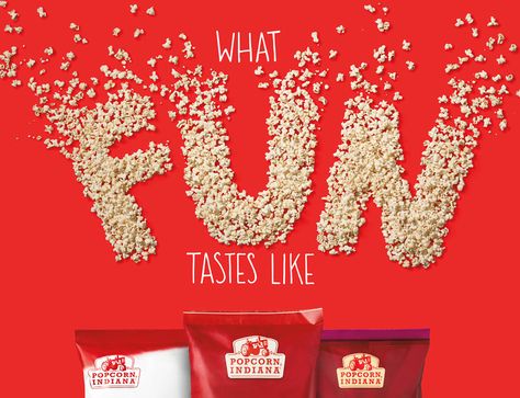 I love this ad, it IS fun and The Indiana Popcorn Co. is putting a new spin on popcorn~! Popcorn Ads, Popcorn Ad, Popcorn Design, Popcorn Packaging, Food Typography, Snack Brands, Butterfly Logo, Food Advertising, Christmas Ad