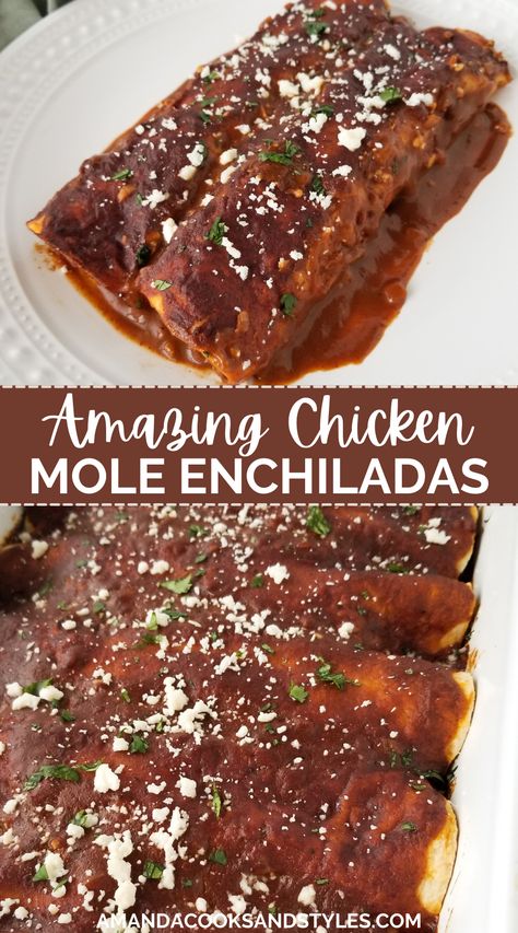 Chicken Mole Enchiladas – Shredded chicken enchiladas layered with corn or flour tortillas, shredded chicken, Mexican cheese, smothered in homemade mole sauce. Serve with a sprinkle of cotija cheese and cilantro. Mole Recipe Mexican, Chicken Mole Enchiladas, Mole Enchiladas, Shredded Chicken Enchiladas, Mole Verde, Mexican Mole, Chicken Mexican, Mole Recipe, Authentic Mexican Recipes