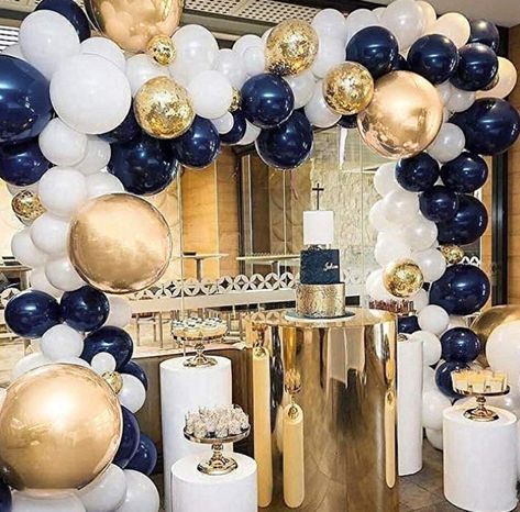 Navy Party Decorations, Marine Party, Navy Baby Showers, Gold Balloon Garland, Little Prince Party, Navy Blue And Gold Wedding, Royal Baby Showers, Birthday Garland, Gold Confetti Balloons