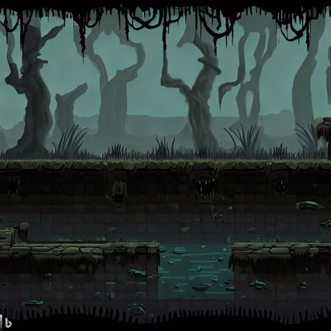 tilemap swamp game horror plataform 2d - Criador de Imagens Pixelated Horror Game, Game Background Design Pixel Art, Swamp Background Art, Horror Game Design, 2d Game Concept Art, Pixel Art Horror Game, Horror Game Concept Art, 2d Horror Game, Horror Game Background