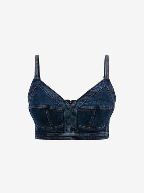 Denim Bra Top in Washed Blue | Alexander McQueen IL Denim Bra Top, Blue Alexander Mcqueen, Denim Bralette, Denim Bra, Alexander Mcqueen Clothing, Alexander Mcqueen Fashion, Sarah Burton, Denim Crop Top, Bra Top