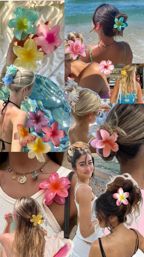 Summer vibes , flower hairclips, summer aesthethic Beach Photo Inspiration, Girls Vacation, Hawaiian Flowers, Summer Wallpaper, Flower Clip, Summer Photos, Flower Hair Clips, Summer Pictures, Hair Claws & Clips