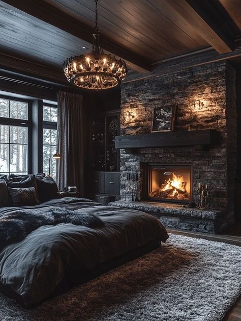 Attractive Log Cabins Cozy Cottage In The Woods Interiors, Gothic Log Cabin, Dark Cabin Aesthetic, Luxury Bedding Ideas, Romantic Cabin Bedroom, Cabin Bedroom Aesthetic, Log Cabin Aesthetic, Gothic Cabin, Black Log Cabin