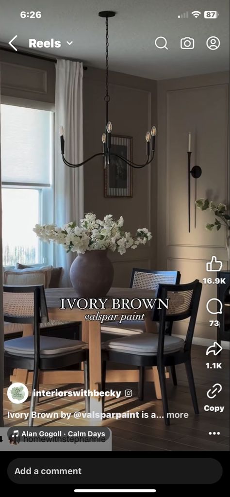 Ivory Brown Valspar, Dinning Room Paint Colors, Neutral Dining Room Paint, Chair Rail Paint Ideas, Dining Room Color Palette, Warm Dining Room, Trendy Dining Room, Warm Neutral Paint Colors, Dining Room Colour Schemes