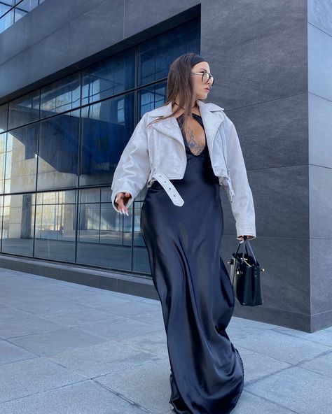 Wearing this dress on repeat 🖤 [maxi dress, black dress, satin dress, leather jacket, cropped jacket, neutral outfit, fall fashion trends 2024, transitional wardrobe, fall colors 2024, casual fall outfits, easy outfits inspo, style inspo, daily outfit ideas, fashion style, outfit post, street style, trendy outfits, minimal fashion, minimalist style, ootd, fashion blogger, grwm, look book, how to style, casual chic, capsule wardrobe, European style] #blackdresses #maxidresses #satindress #c... Satin Dress Leather Jacket, Satin Dress Fall Outfit, Casual Chic Capsule Wardrobe, Neutral Outfit Fall, Dress Leather Jacket, Leather Jacket Cropped, Daily Outfit Ideas, Outfits Minimal, Chic Capsule Wardrobe