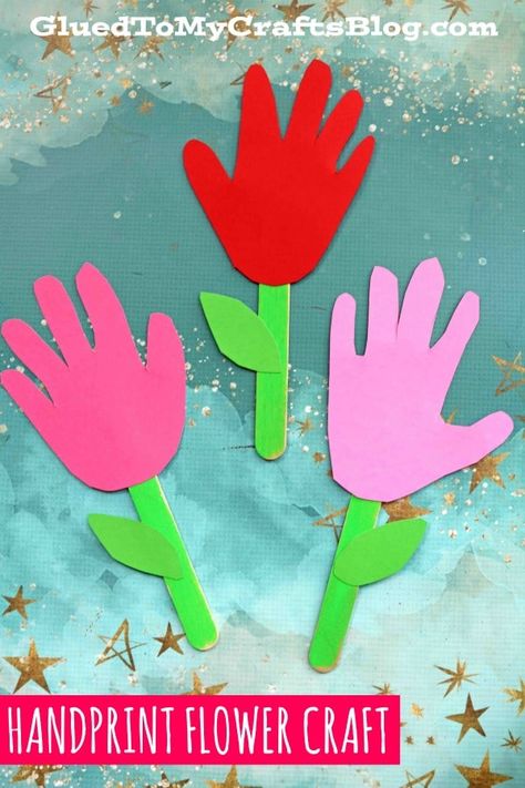 Popsicle Stick Handprint Flowers - Kid Craft Idea For Spring Handprint Flower, Hand Print Flowers, Lego Character, Flower Crafts Kids, Ladybug Crafts, Stick Art, Flower Gift Ideas, Spring Crafts For Kids, Handprint Craft