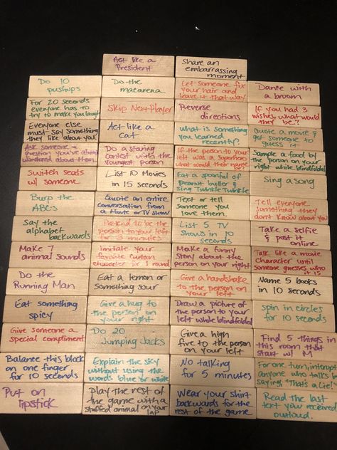 Family friendly Jenga dares Jenga Dares, Truth Or Dare Jenga, Jenga Drinking Game, Drunk Jenga, Jenga Game, Drinking Games For Parties, Fun Drinking Games, Giant Jenga, Jenga Blocks