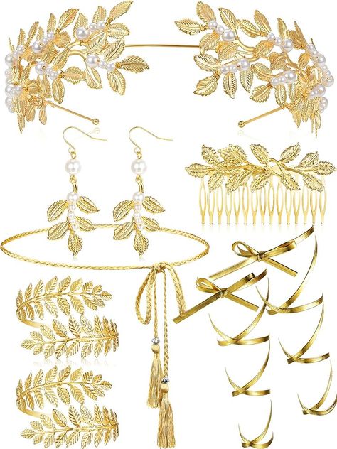 Amazon.com: Cindeer 8 Pcs Greek Goddess Costume Accessories Set for Women Leaf Crown Headband Upper Arm Cuff Bracelet Pearl Leaf Dangle Earring (Trendy) : Clothing, Shoes & Jewelry Greek Goddess Costume Accessories, Greek Style Jewelry, Godesses Halloween Costume, Greek Godesses Outfit, Greek Godesses Costume, Greece Accessories, Goddess Costume Accessories, Greek Goddess Jewelry, Otome Isekai