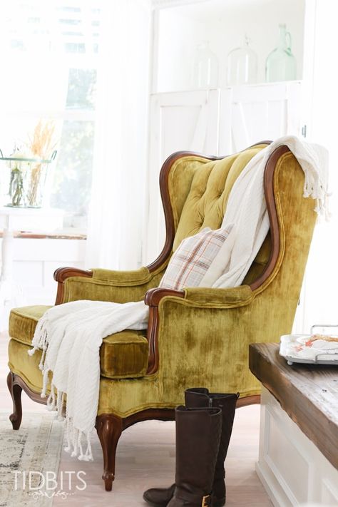 Wing Back Chairs Living Room, Light And Bright Living Room, Wing Back Chairs, Recovering Chairs, Fall Home Tour, Colors Of Autumn, Fall Decor Inspiration, Attic Apartment, Bright Living Room