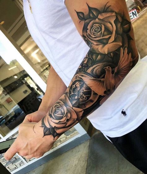 Rose and dove tattoo done by @tattoo_angelo | www.otziapp.com Mangas Tattoo, Cool Half Sleeve Tattoos, Rose Tattoo Sleeve, Rose Tattoos For Men, Octopus Tattoos, Men Tattoos Arm Sleeve, Forarm Tattoos, Men Tattoos, Forearm Sleeve Tattoos