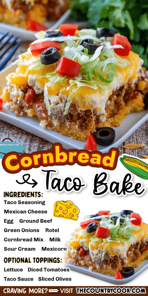 Simple Main Dishes, Easy Cornbread Taco Bake, Easy Dinner Recipes For 4 People, Nacho Bake Casserole Ground Beef, Taco Bake With Cornbread, Loaded Southwest Cornbread Bake, Taco Casserole Bake With Cornbread, Yummy Sweet Snacks, Dinner Ideas Beef Ground