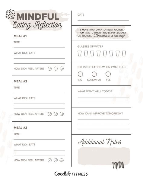 Mindful eating reflection guide | The GoodLife Fitness Blog Therapist Worksheets, Fitness Planner Printable Free, Dbt Activities, Cbt Therapy Worksheets, Bujo 2025, Eating Journal, Goodlife Fitness, Workout Logs, Weekly Fitness Planner