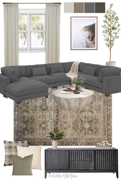 Living room mood board with sectional sofa Dark Grey Sofa Living Room, Gray Sectional Living Room, Dark Grey Couch Living Room, Grey And Brown Living Room, Tan Living Room, Grey Sofa Living Room, Couches Living, Grey Couch Living Room, Beige Living Rooms