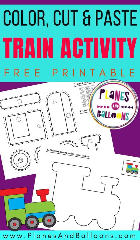 Free printable train worksheets for preschool - color by shape, cut and paste activity to practice fine motor skills. #prek #planesandballoons Train Activities For Toddlers, Color By Shape, Preschool Transportation Crafts, Prek Printables, Trains Preschool, November Preschool, Preschool Transportation, Transportation Preschool Activities, Education Printables