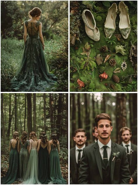 First Green Wedding, Inside Forest Wedding, Wedding Dark Forest, Forest River Wedding, Emerald Forest Wedding, Dream Mountain Wedding, Wedding Ideas Enchanted Forest, Forest Theme Bridesmaid Dresses, Wedding Dress Forest Theme