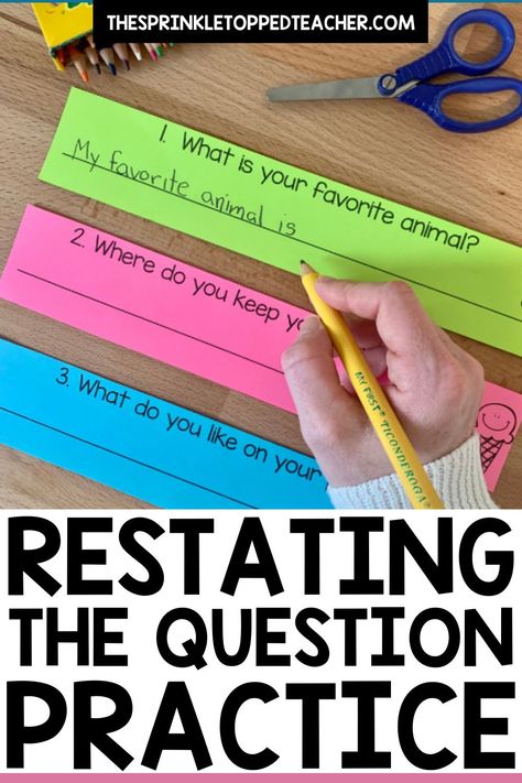 Do your students struggle with answering questions in complete sentences? This Restate the Question Worksheet Activity has solid examples and practice for the kids to learn this process with ease. The more that they can speak clearly to more people, the better conversations and understanding of that conversation they’re going to have. Click here to see how I utilize this activity in my classroom! |Remote Learning| Elementary Education| Writing Classroom Activities| Elementary Writing Prompts Storyworks In The Classroom, Writing Middle School, Restating The Question Anchor Chart, Restate The Question Activities, Writing Strategies For Elementary, Restating The Question Practice, Restate The Question, Restate The Question Anchor Chart, 4th Grade 1st Day Of School Activities